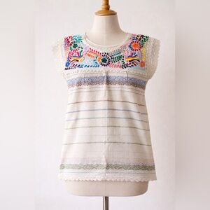 Embroidered Mexican Huipil Top Boho Folk Art Cotton Blouse Lace Trim🌺
